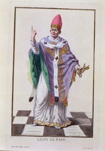 III. Leó pápa (795-816) a "Receuil des Estampes, representant les Rangs et les Dignites, suivant le Costume de toutes les Nations existantes" című, 1780-ban megjelent kiadványból (kézzel színezett metszet).